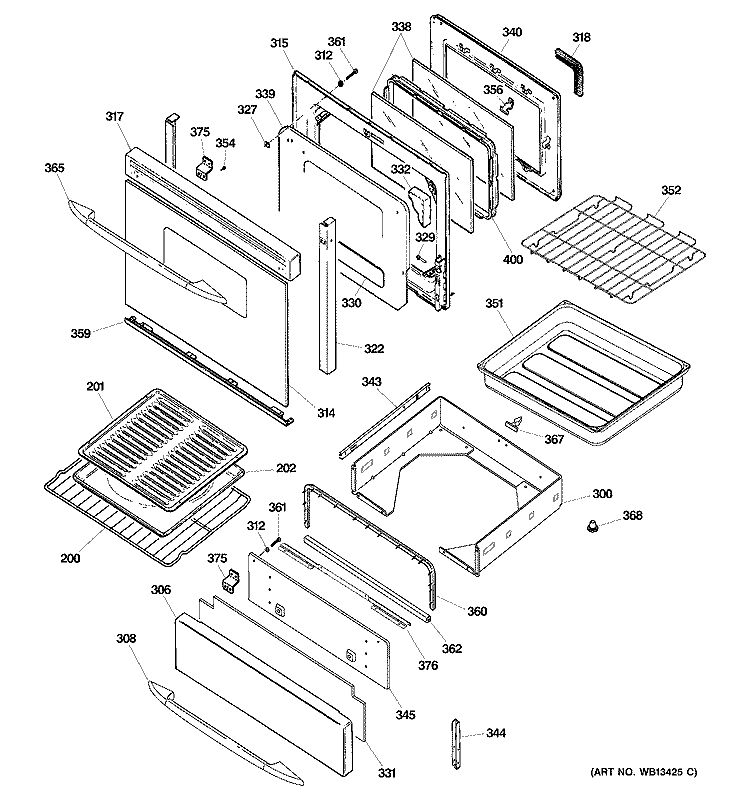 DOOR & DRAWER PARTS Diagram and Parts List for JGB918BEK2BB  General Electric Range