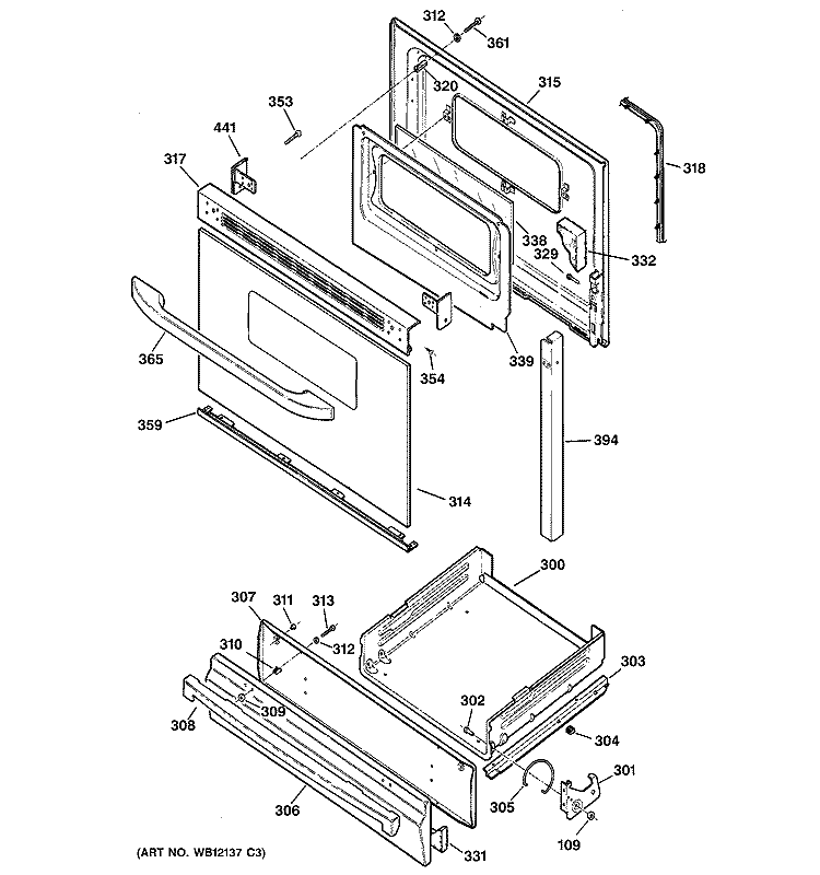 DOOR & DRAWER PARTS Diagram and Parts List for JGBS22WEK1WW  General Electric Range