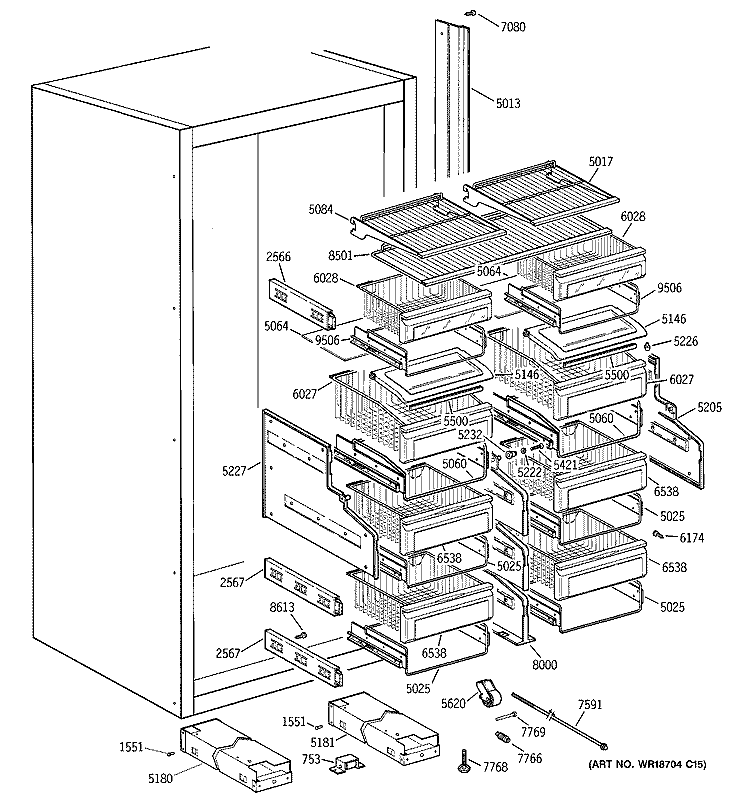 SHELVES & DRAWERS Diagram and Parts List for ZIFS36NMFLH  General Electric Freezer