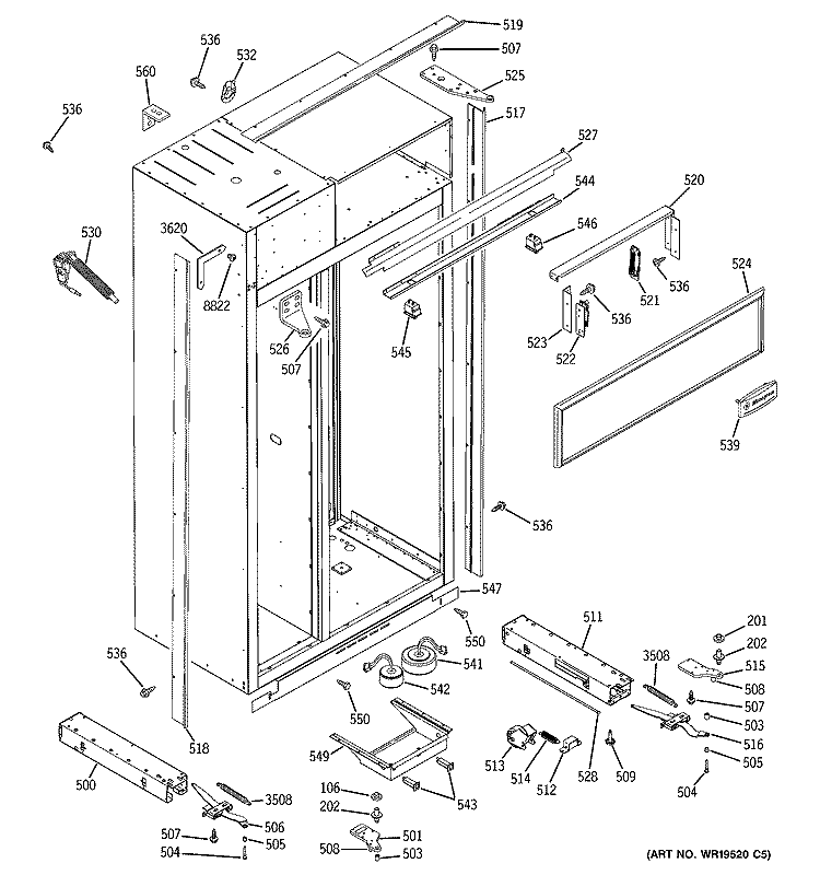 CASE PARTS Diagram and Parts List for ZIS360NRF  General Electric Refrigerator