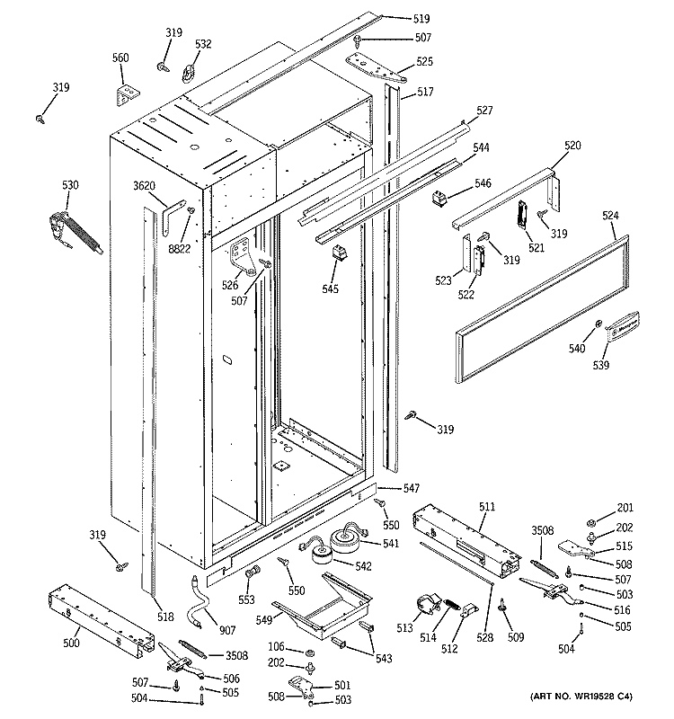 CASE PARTS Diagram and Parts List for ZISS360DRFSS  General Electric Refrigerator