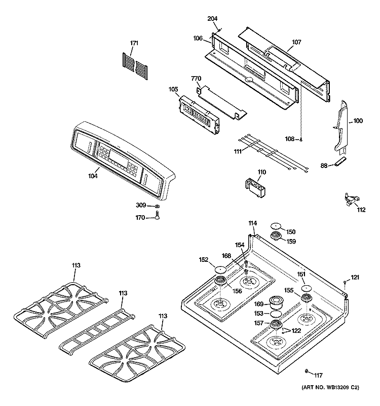 CONTROL PANEL & COOKTOP Diagram and Parts List for JGB915BEF3BB  General Electric Range