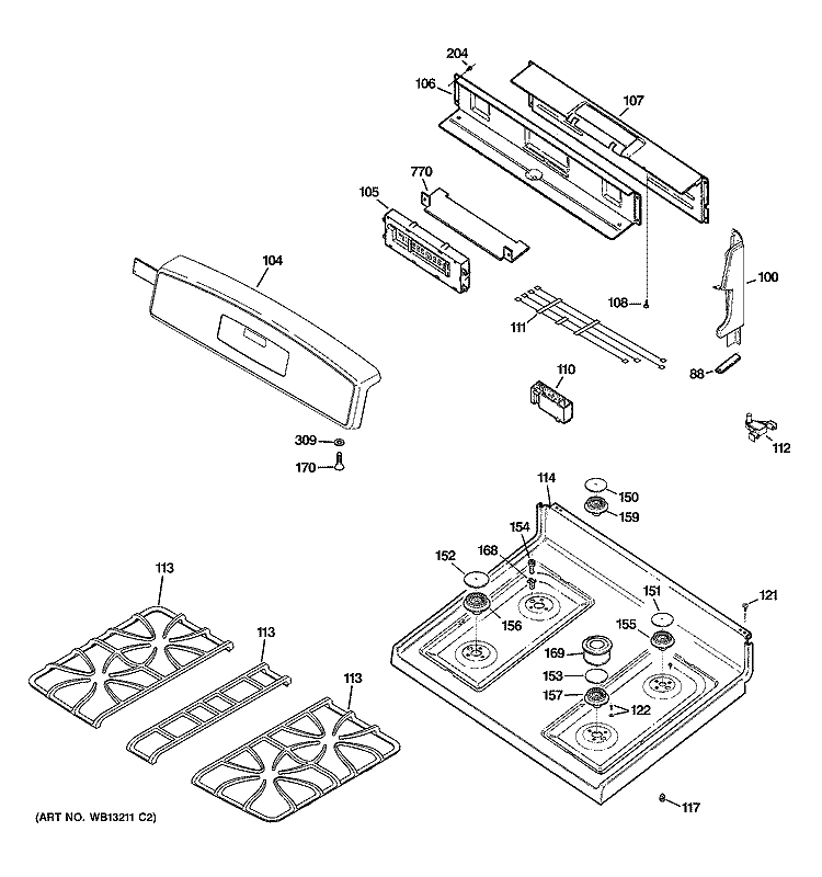 CONTROL PANEL & COOKTOP Diagram and Parts List for JGB915SEF3SS  General Electric Range