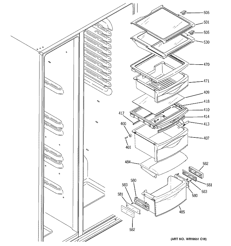 FRESH FOOD SHELVES Diagram and Parts List for PSF26MGSBWW  General Electric Refrigerator