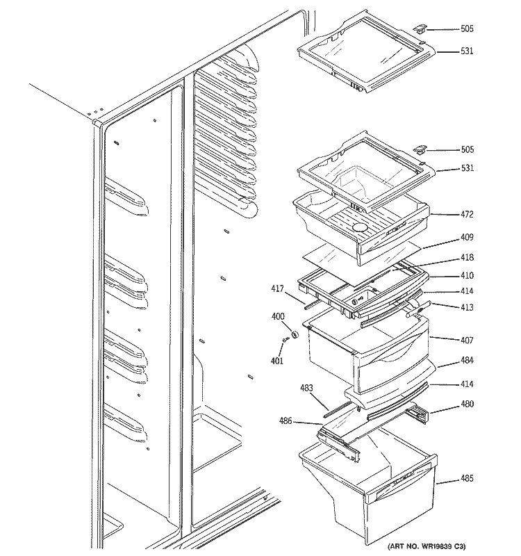 FRESH FOOD SHELVES Diagram and Parts List for GSL25WGSBBS  General Electric Refrigerator