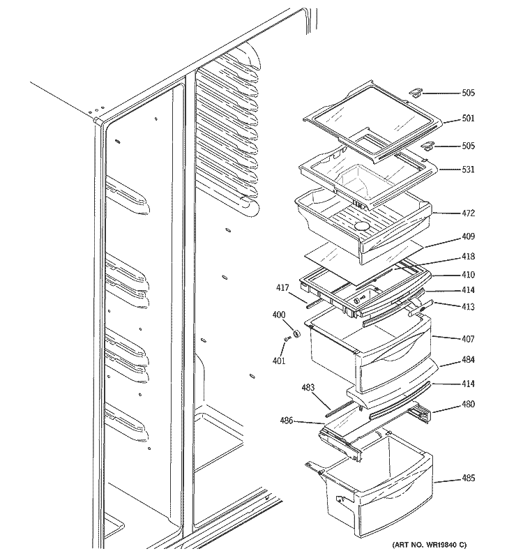 FRESH FOOD SHELVES Diagram and Parts List for GSS25KGSABB  General Electric Refrigerator