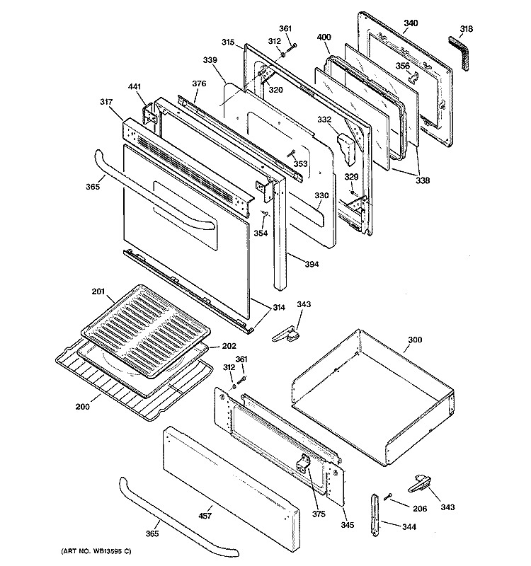 DOOR & DRAWER PARTS Diagram and Parts List for JGBP29SEK1SS  General Electric Range
