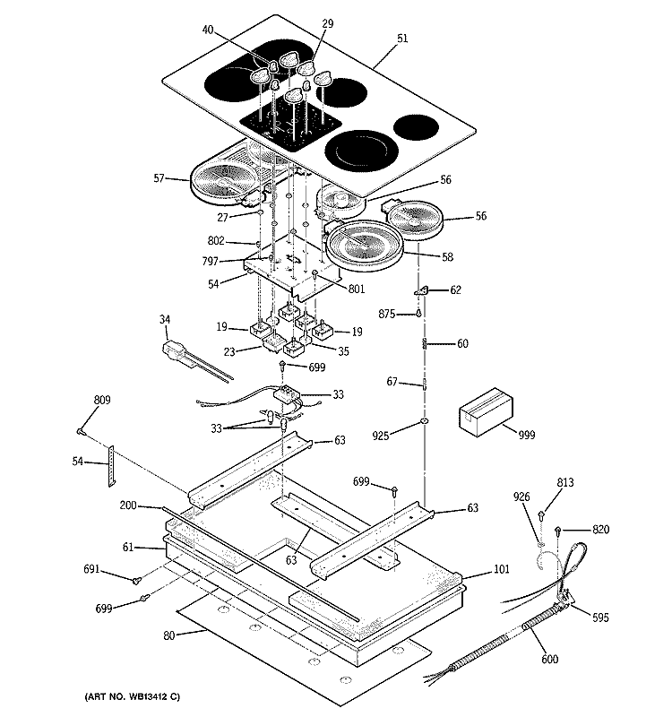 CONTROL PANEL & COOKTOP Diagram and Parts List for JP960BK1BB  General Electric Cooktop