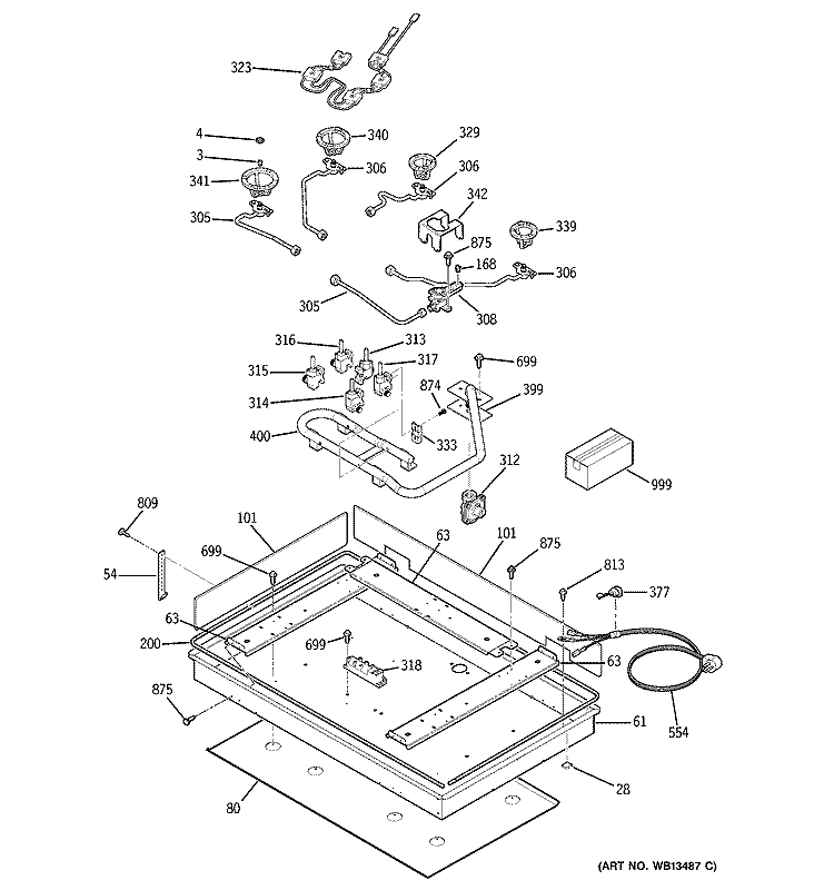 GAS & BURNER PARTS Diagram and Parts List for JGP963BEK1BB  General Electric Cooktop