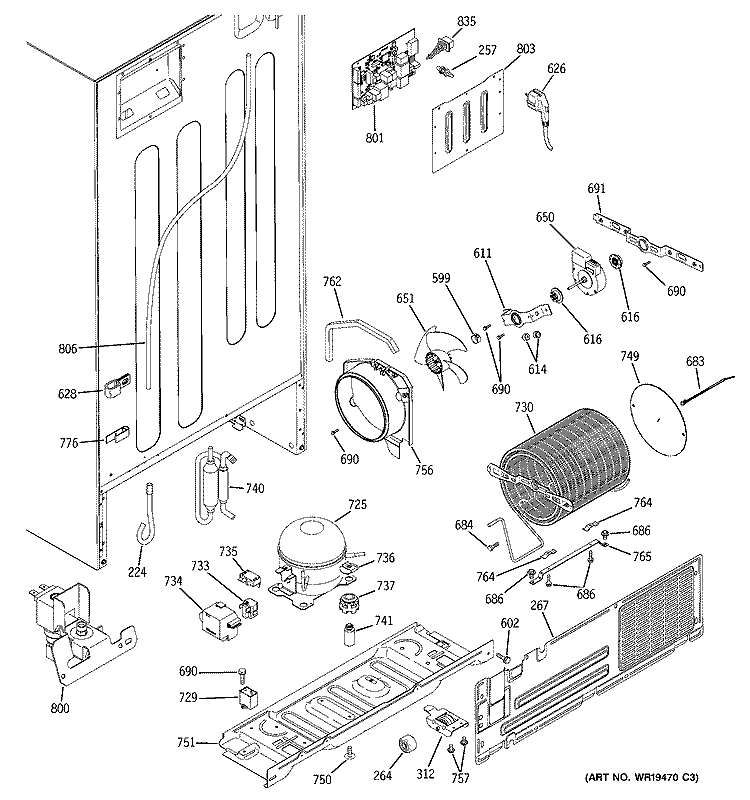 SEALED SYSTEM & MOTHER BOARD Diagram and Parts List for PTS22LCSARWW  General Electric Refrigerator