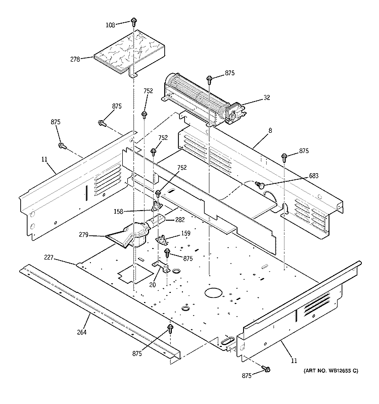 COOLING FAN Diagram and Parts List for JCSP47BF6BB  General Electric Range