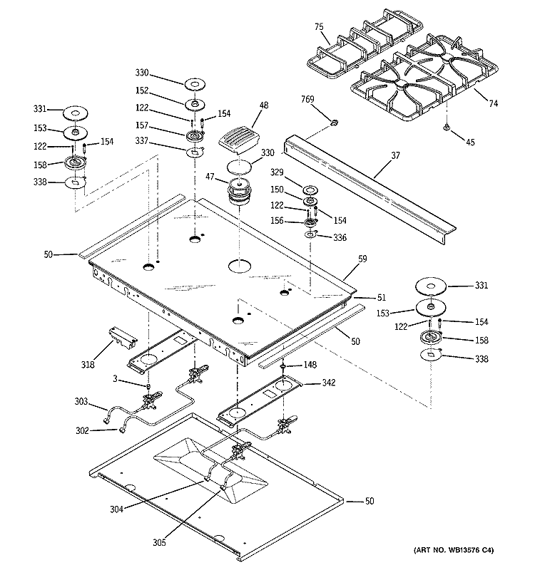 COOKTOP Diagram and Parts List for JGSP48WH6WW  General Electric Range