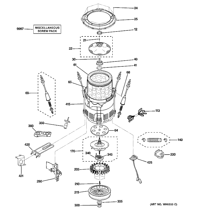 DRUM, SUSPENSION & DRIVE COMPONENTS Diagram and Parts List for WPGT9360E0WW  General Electric Washer