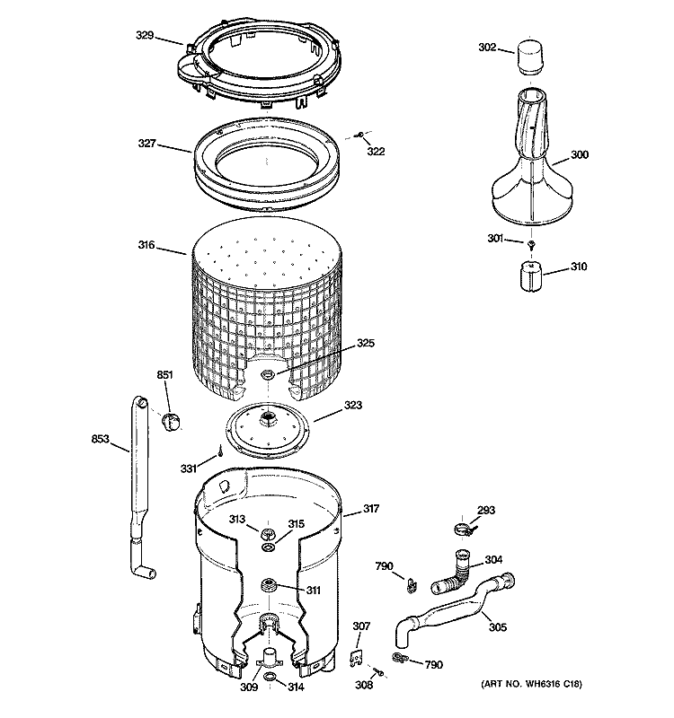 TUB, BASKET & AGITATOR Diagram and Parts List for S2100E4WW  General Electric Washer