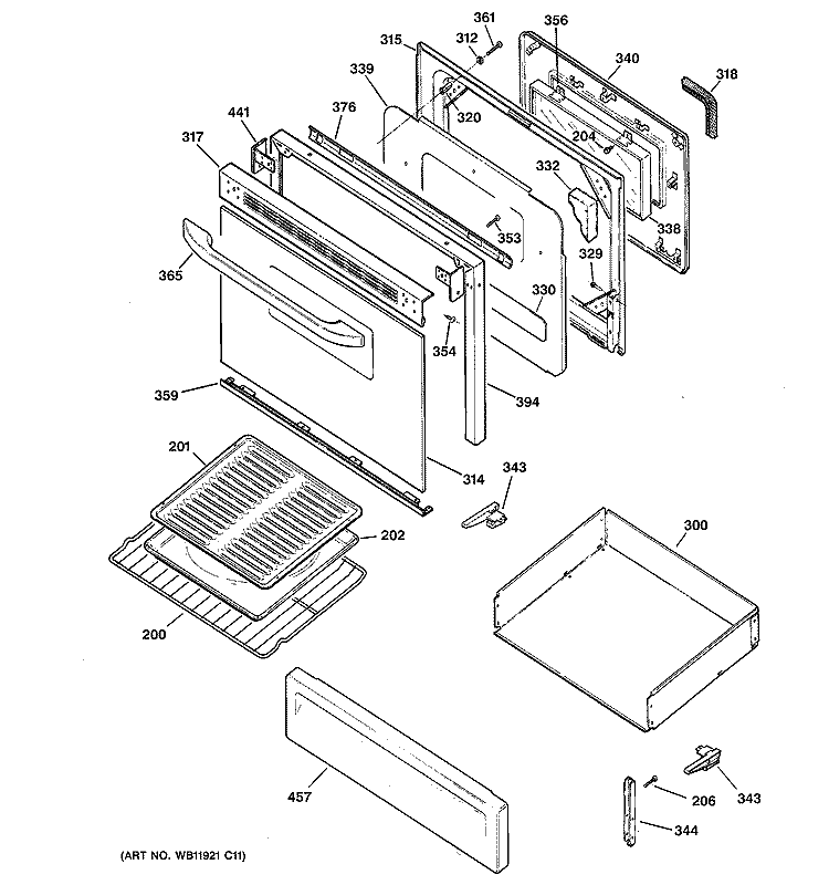 DOOR & DRAWER PARTS Diagram and Parts List for JGBP29WEJ3WW  General Electric Range