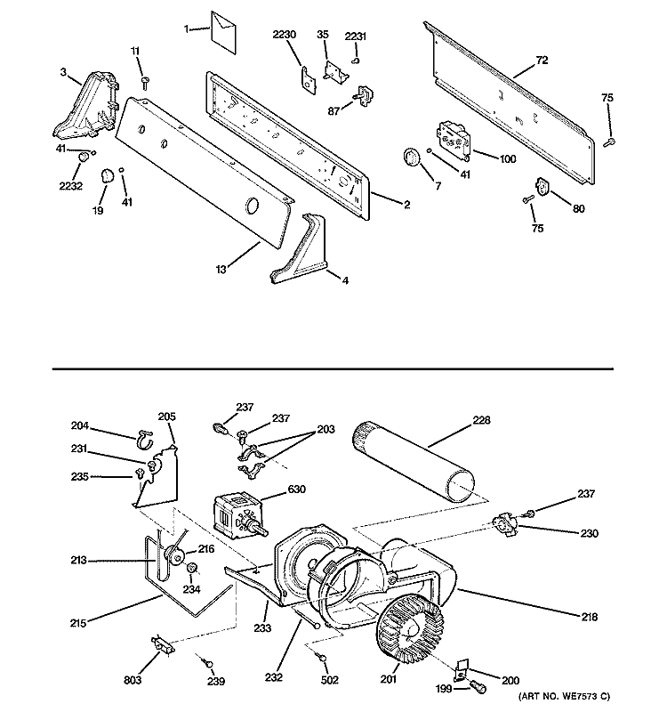 CONTROLS, BACKSPLASH, BLOWER & MOTOR Diagram and Parts List for DBLR333EE1WW  General Electric Dryer