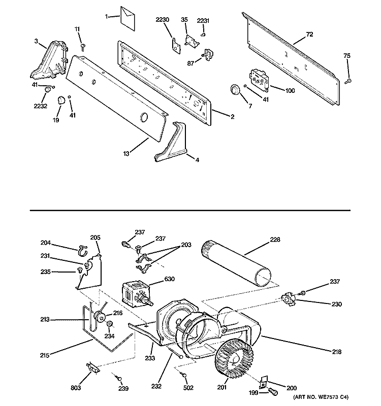 CONTROLS, BACKSPLASH, BLOWER & MOTOR Diagram and Parts List for DBLR333GE1WW  General Electric Dryer