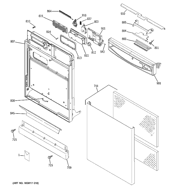 ESCUTCHEON & DOOR ASSEMBLY Diagram and Parts List for EDW4060G10SS  General Electric Dishwasher