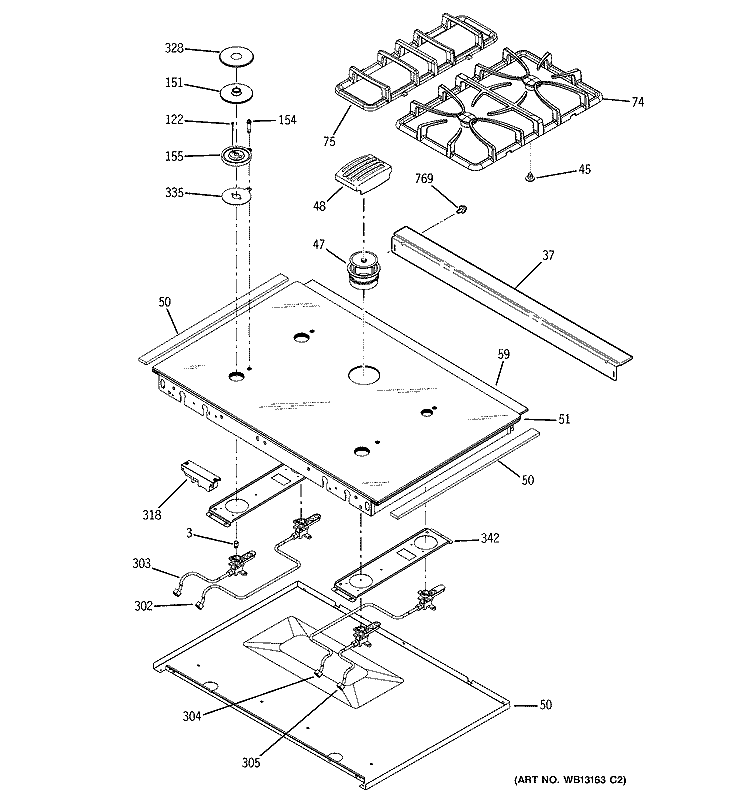 COOKTOP Diagram and Parts List for JGSP48WH2WW  General Electric Range