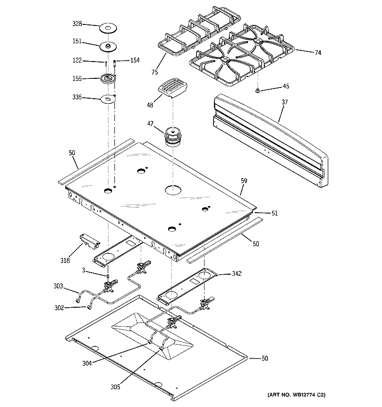 COOKTOP Diagram and Parts List for JGSP48SH1SS  General Electric Range
