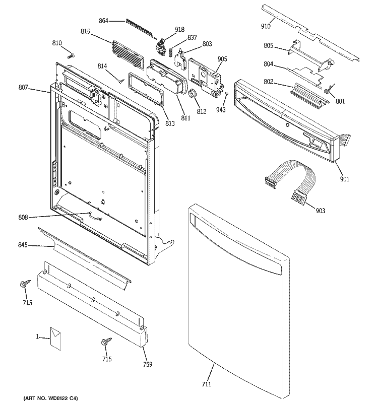 ESCUTCHEON & DOOR ASSEMBLY Diagram and Parts List for PDW7300J10CC  General Electric Dishwasher