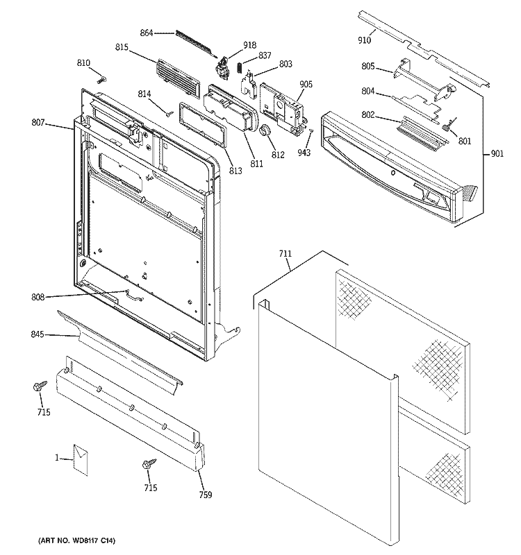 ESCUTCHEON & DOOR ASSEMBLY Diagram and Parts List for SSD4900J10WW  General Electric Dishwasher