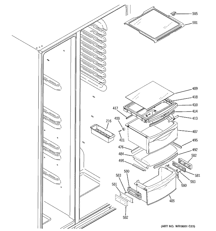 FRESH FOOD SHELVES Diagram and Parts List for GCK23LASAFCC  General Electric Refrigerator