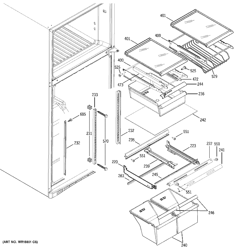 FRESH FOOD SHELVES Diagram and Parts List for GTS18YBRFRWW  General Electric Refrigerator