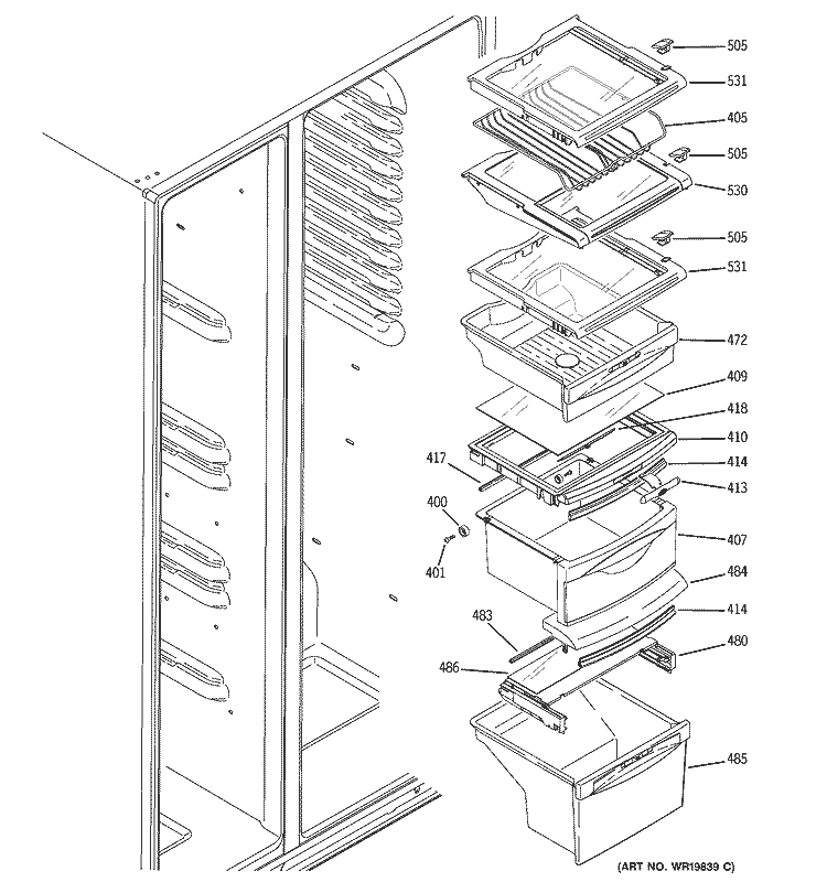 FRESH FOOD SHELVES Diagram and Parts List for ESS25SGSASS  General Electric Refrigerator