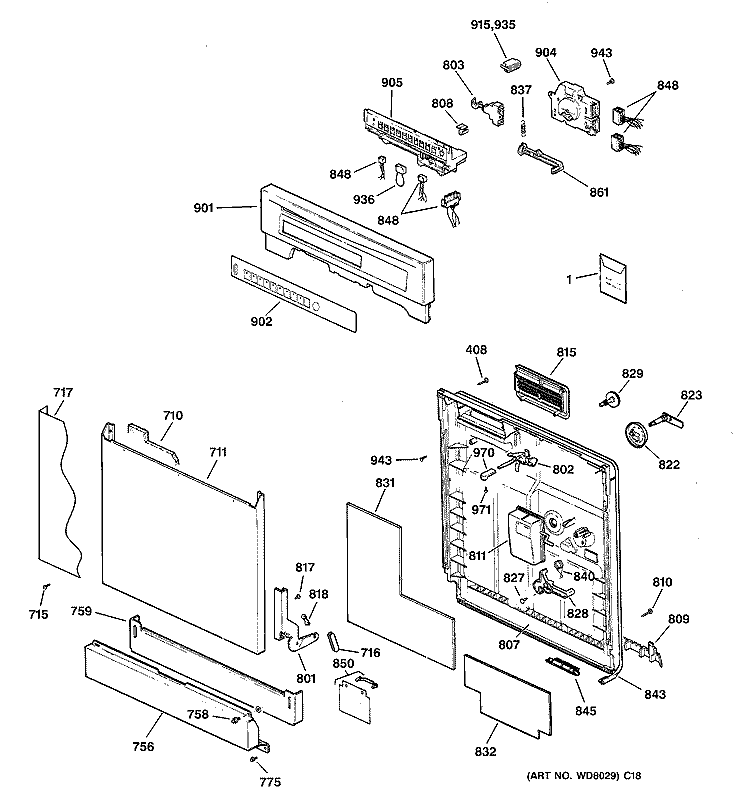 ESCUTCHEON & DOOR ASSEMBLY Diagram and Parts List for GSD5132F02WW  General Electric Dishwasher