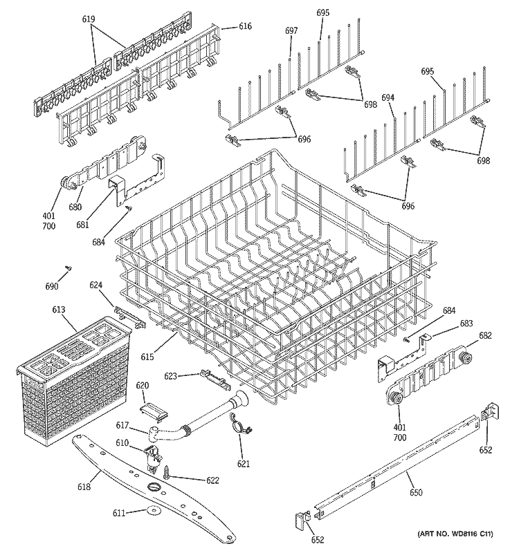 UPPER RACK ASSEMBLY Diagram and Parts List for PDW7700J10CC  General Electric Dishwasher