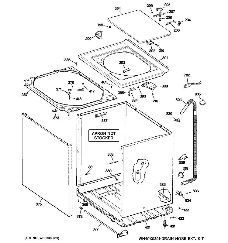 CABINET, COVER & FRONT PANEL Diagram and Parts List for WLDSR416F0WC  General Electric Washer
