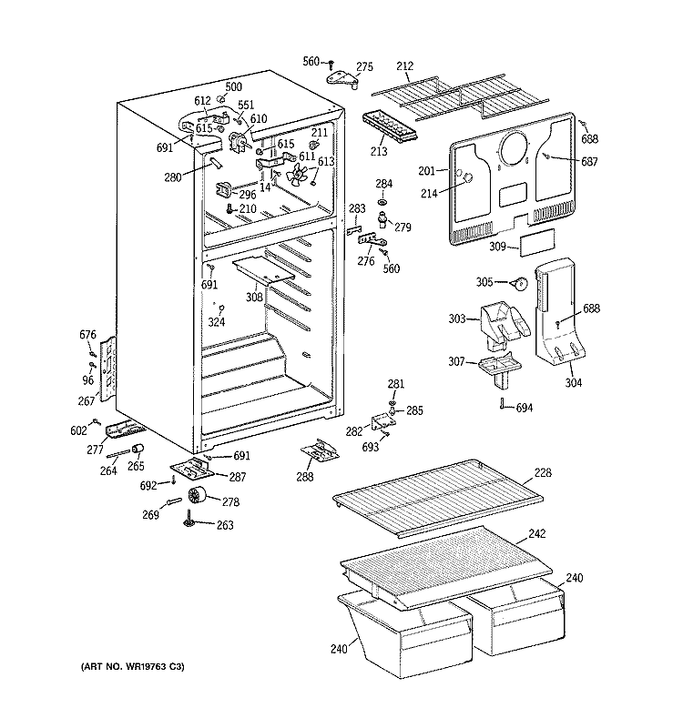 CABINET Diagram and Parts List for HTS18CBSARWW  Hotpoint Refrigerator