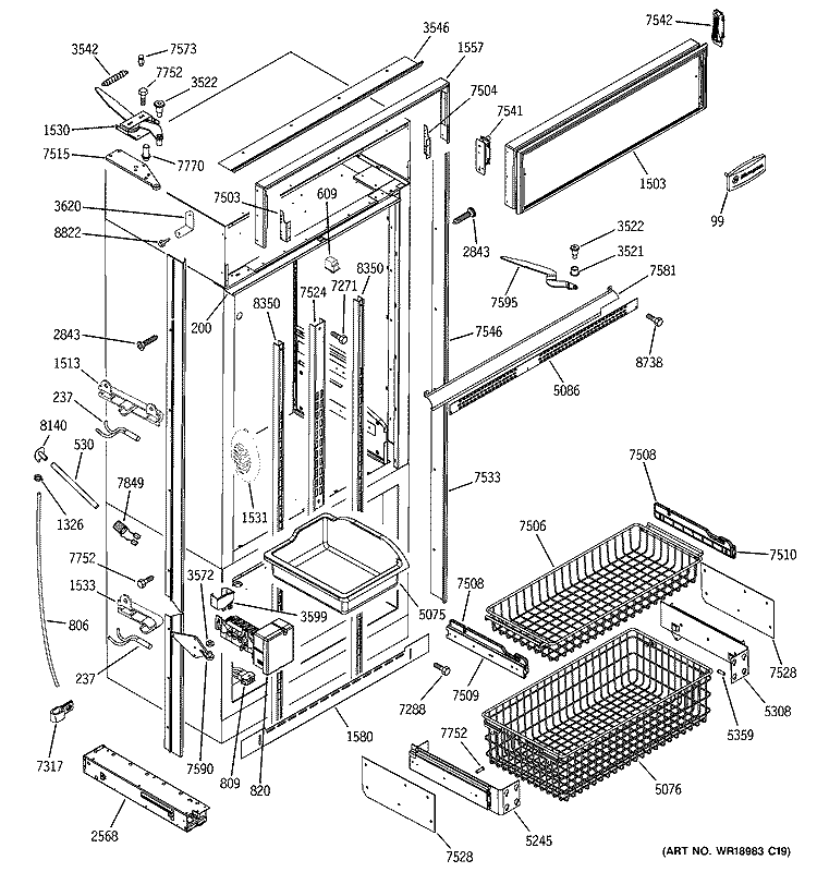 FREEZER SECTION, TRIM & COMPONENTS Diagram and Parts List for ZIC360NMCLH  General Electric Refrigerator