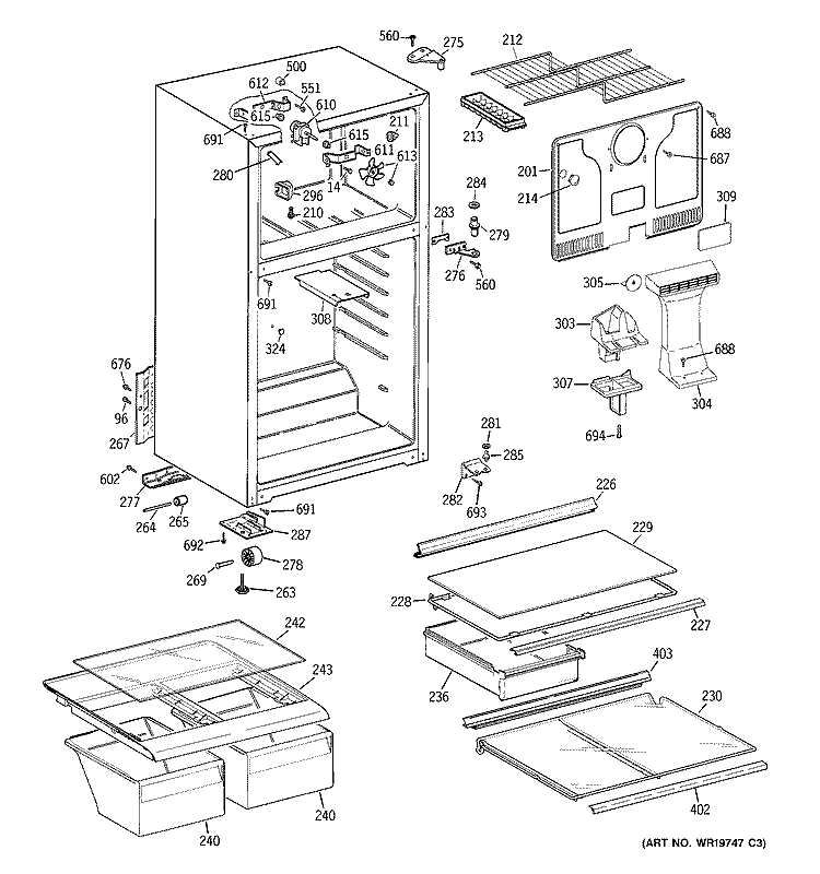 CABINET Diagram and Parts List for GTS17GBSALWW  General Electric Refrigerator