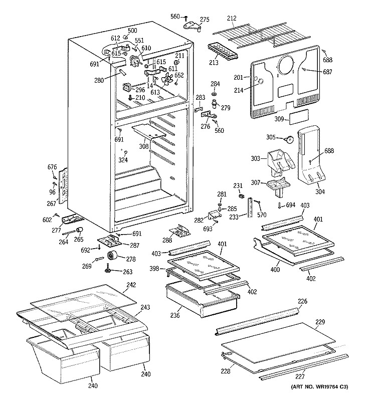 CABINET Diagram and Parts List for GTS18HBSARWW  General Electric Refrigerator