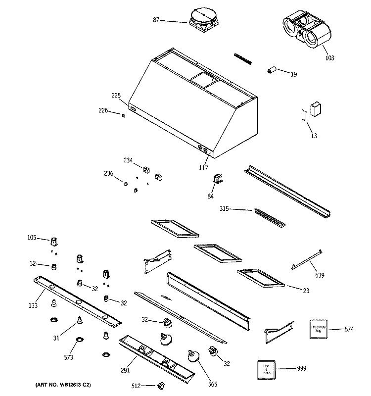 RANGE HOOD Diagram and Parts List for ZV48SSF1SS  General Electric Range Hood