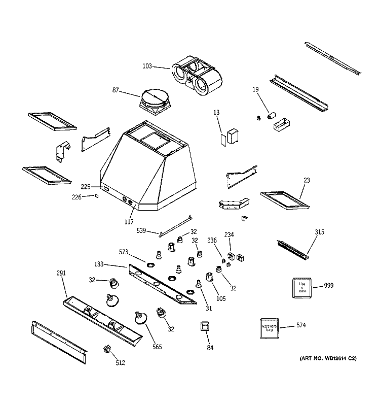 RANGE HOOD Diagram and Parts List for ZV48TSF1SS  General Electric Range Hood