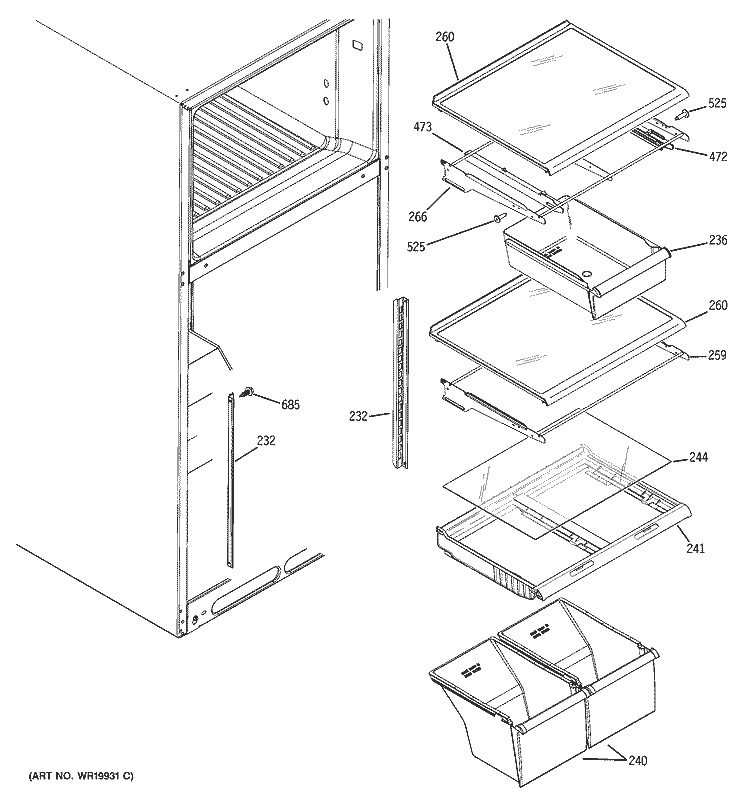 FRESH FOOD SHELVES Diagram and Parts List for DTS18ICSIRWW  General Electric Refrigerator