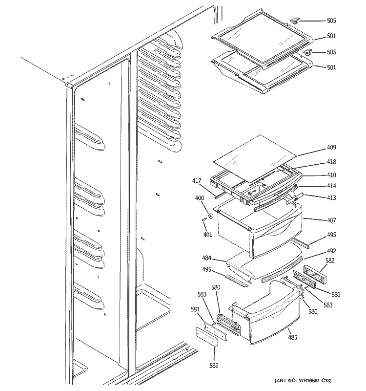 FRESH FOOD SHELVES Diagram and Parts List for GCG21YESBFNS  General Electric Refrigerator