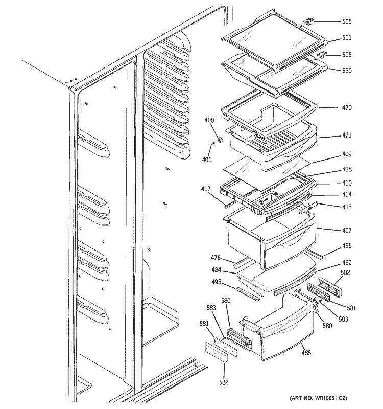 FRESH FOOD SHELVES Diagram and Parts List for PCF23MGSBBB  General Electric Refrigerator