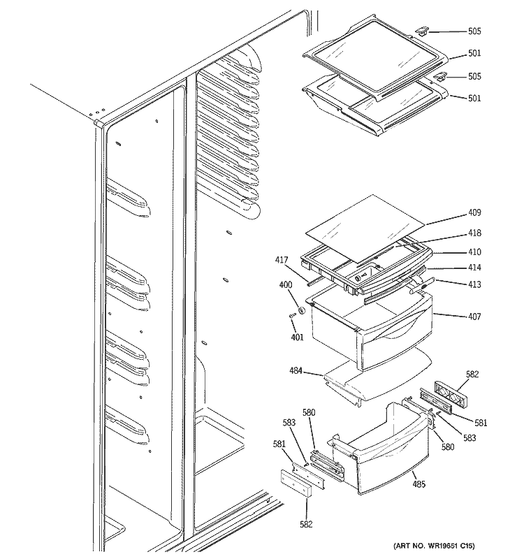 FRESH FOOD SHELVES Diagram and Parts List for GCG21ZESBFBB  General Electric Refrigerator