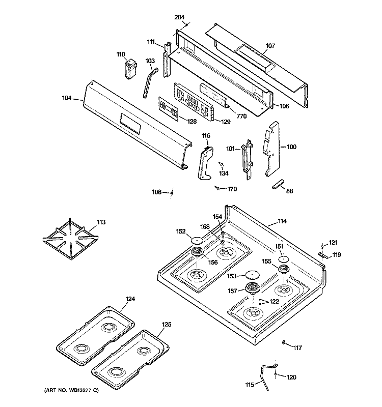 CONTROL PANEL & COOKTOP Diagram and Parts List for RGB740BEH6WH  Hotpoint Range