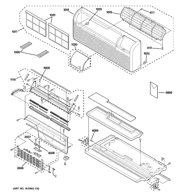 GRILLE, HEATER & BASE PAN PARTS Diagram and Parts List for AZ28E09EACM2  General Electric Air Conditioner