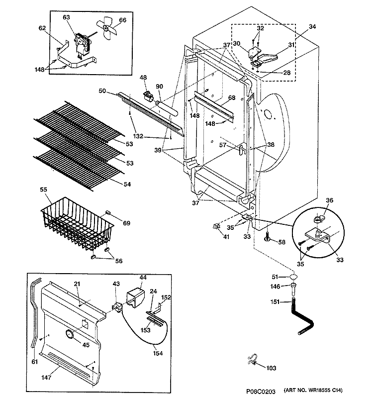 CABINET Diagram and Parts List for FUF14DPBRWH  General Electric Freezer