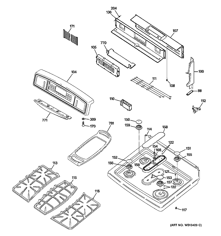 CONTROL PANEL & COOKTOP Diagram and Parts List for JGB916BEK4BB  General Electric Range