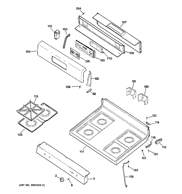 CONTROL PANEL & COOKTOP Diagram and Parts List for JGBP26CEH3CC  General Electric Range