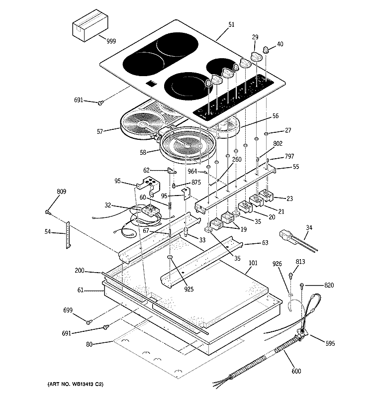 CONTROL PANEL & COOKTOP Diagram and Parts List for JP930KK2CC  General Electric Cooktop