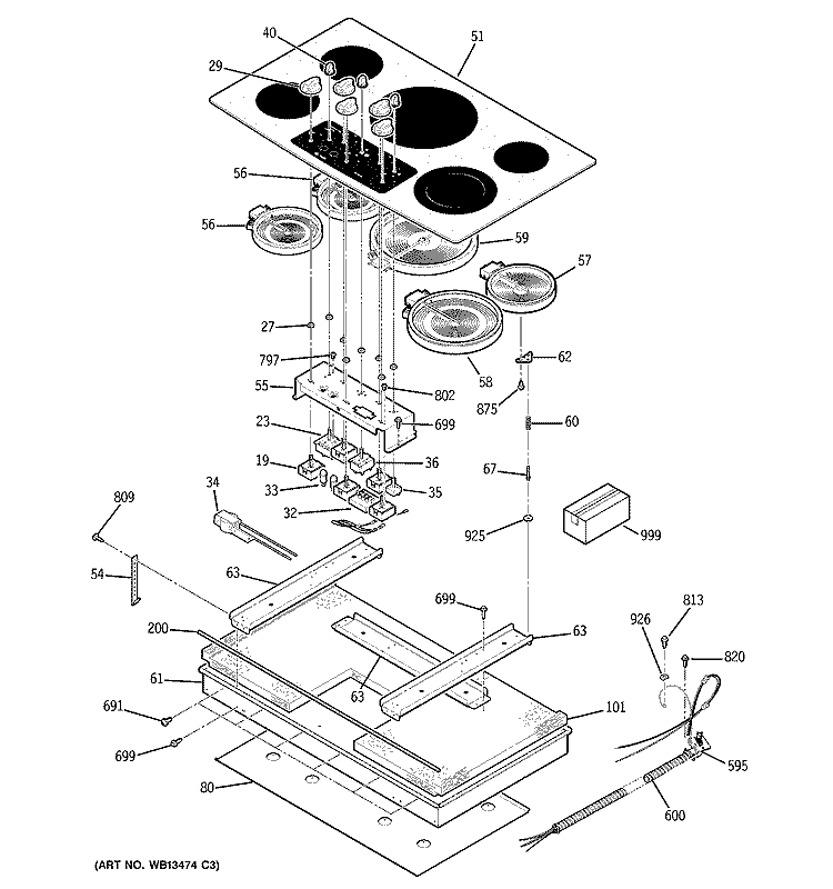 CONTROL PANEL & COOKTOP Diagram and Parts List for JP970TK2WW  General Electric Cooktop