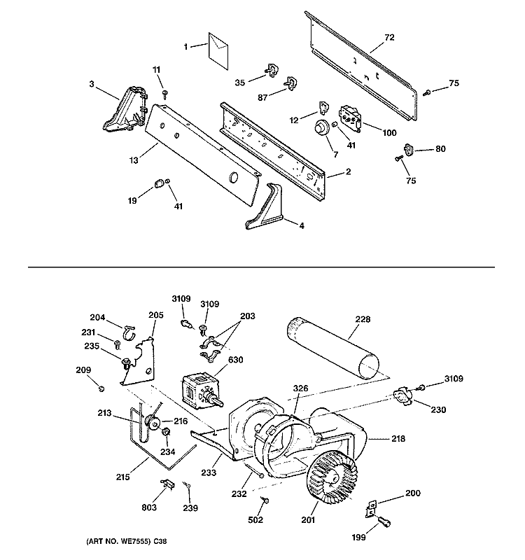 BACKSPLASH, BLOWER & MOTOR ASSEMBLY Diagram and Parts List for DBXR463ED1CC  General Electric Dryer